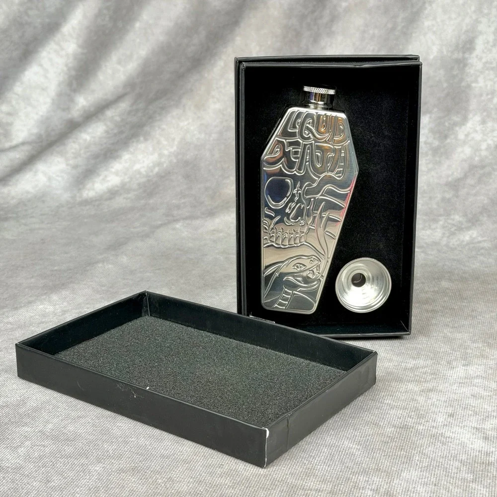 Liquid Death Coffin Flask Stainless Steel Murder Your Thirst Skull Snake w Box